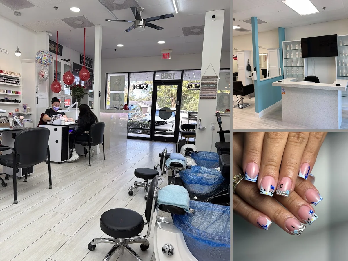 Salon chairs and styling stations in a bright beauty space.