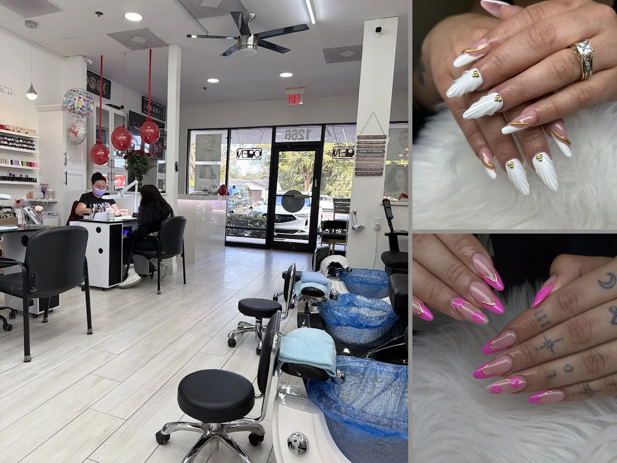 Beauty salon interior with chairs, mirrors, and product shelves.