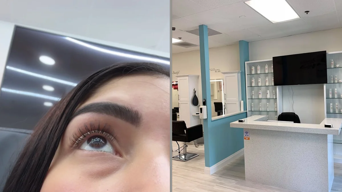 Beauty salon interior with chairs, mirrors, and product shelves.